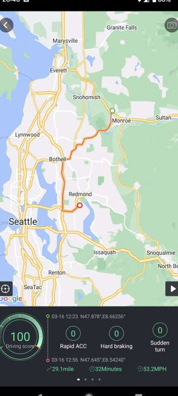 A recorded trip map shows a route through the Seattle area with a 100 driving score.