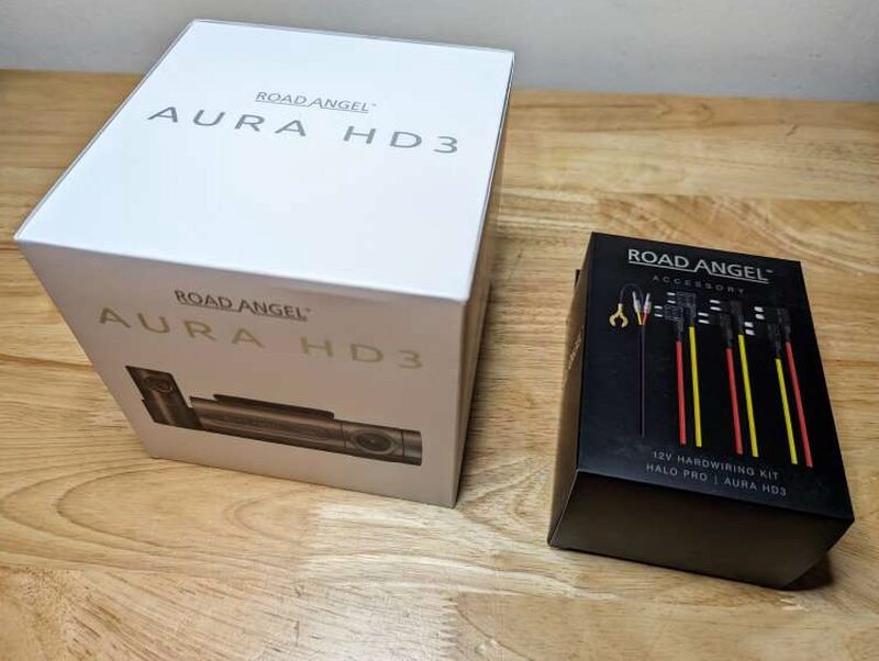 The Halo Pro arrived in Aura HD3 branded packaging with the separate Road Angel hardwiring kit box beside it.