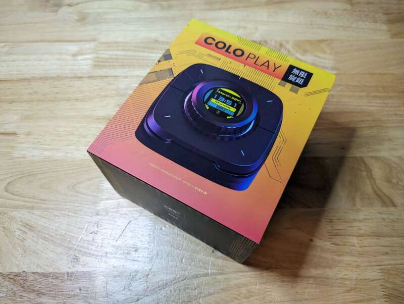 A brightly illustrated retail box, covered with photos of the device and its technical specs.