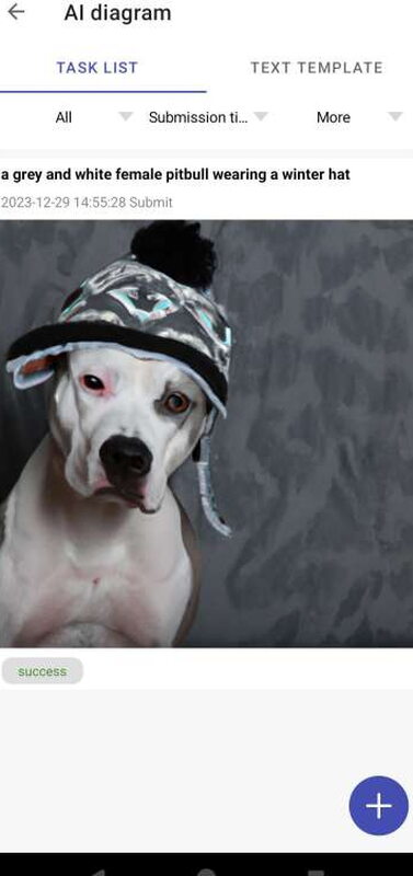The AI diagram feature’s task list, with a submitted photo of an actual grey and white pitbull in a winter hat.