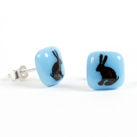 Hare Earrings Tuquoise Glass Black Enamal, Rachel Elliott Glassworks