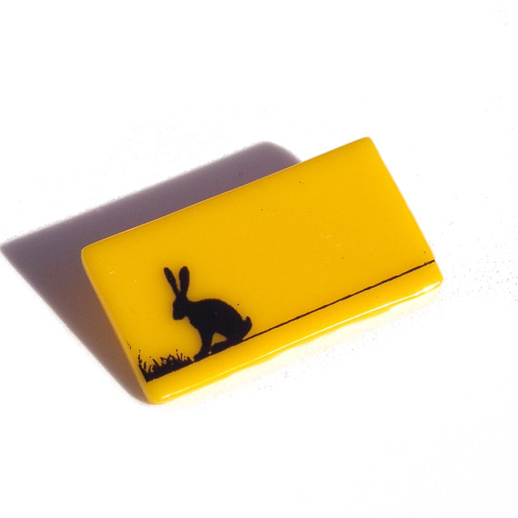 Yellow Hare Pin Brooch with black enamal, Rachel Elliott Glassworks