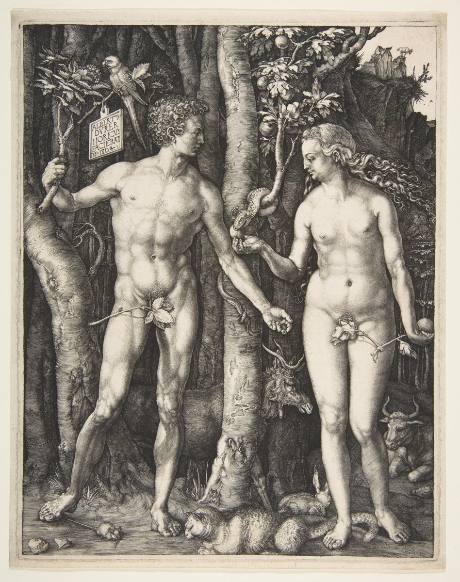 Albrecht Dürer’s engraving of Adam and Eve standing among trees and animals.