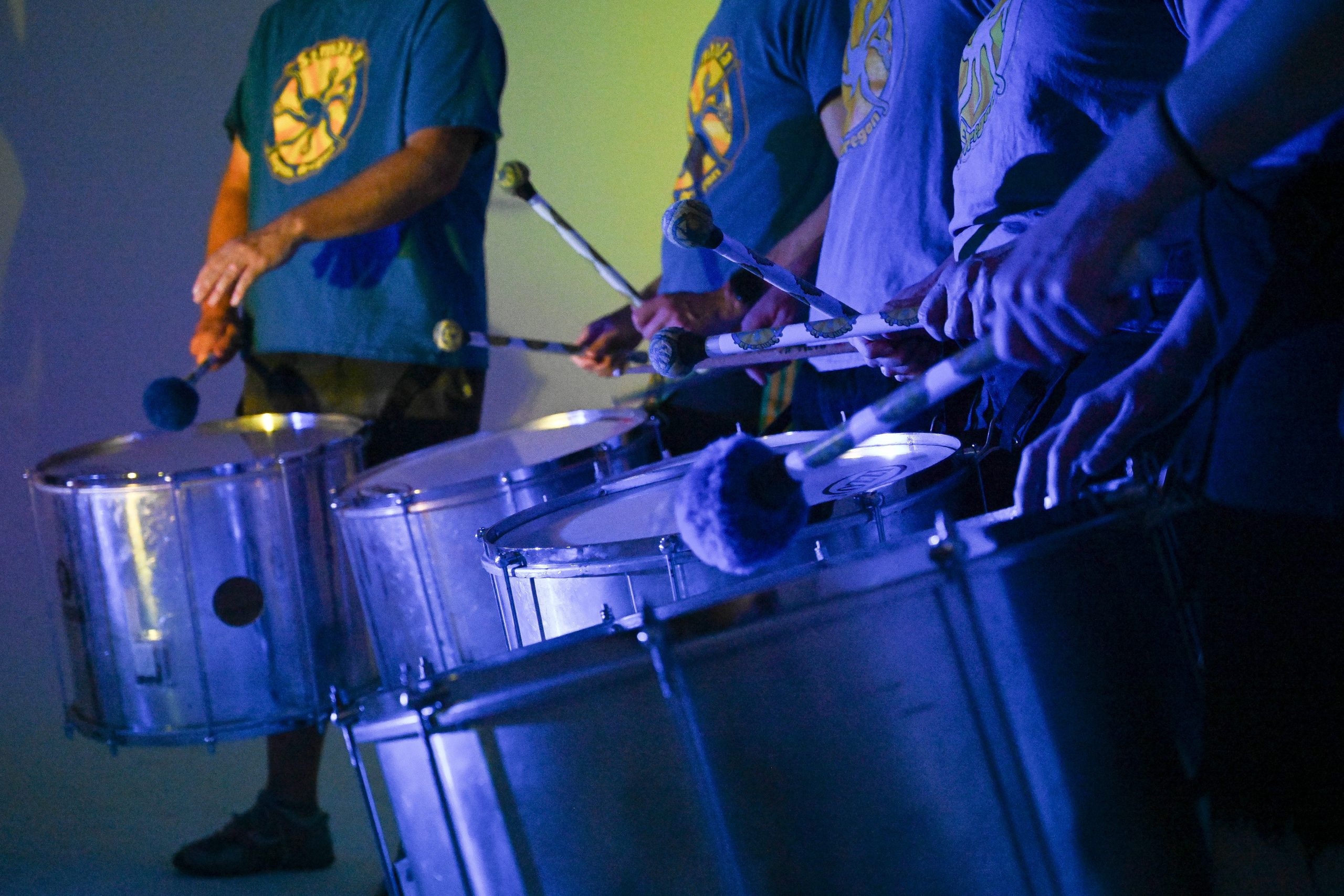 See how Samba Ja, Eugene’s samba-reggae drum group, builds a rhythm piece by piece