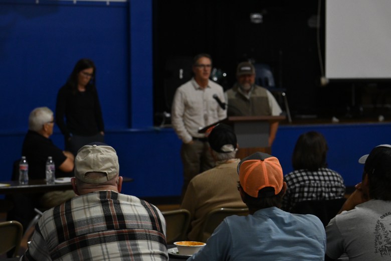 Mapleton residents listen to local and county officials talk about water system needs at a community meeting Monday, Oct. 12, 2026. Mapleton Water District has an aging infrastructure with millions of repairs needed.
