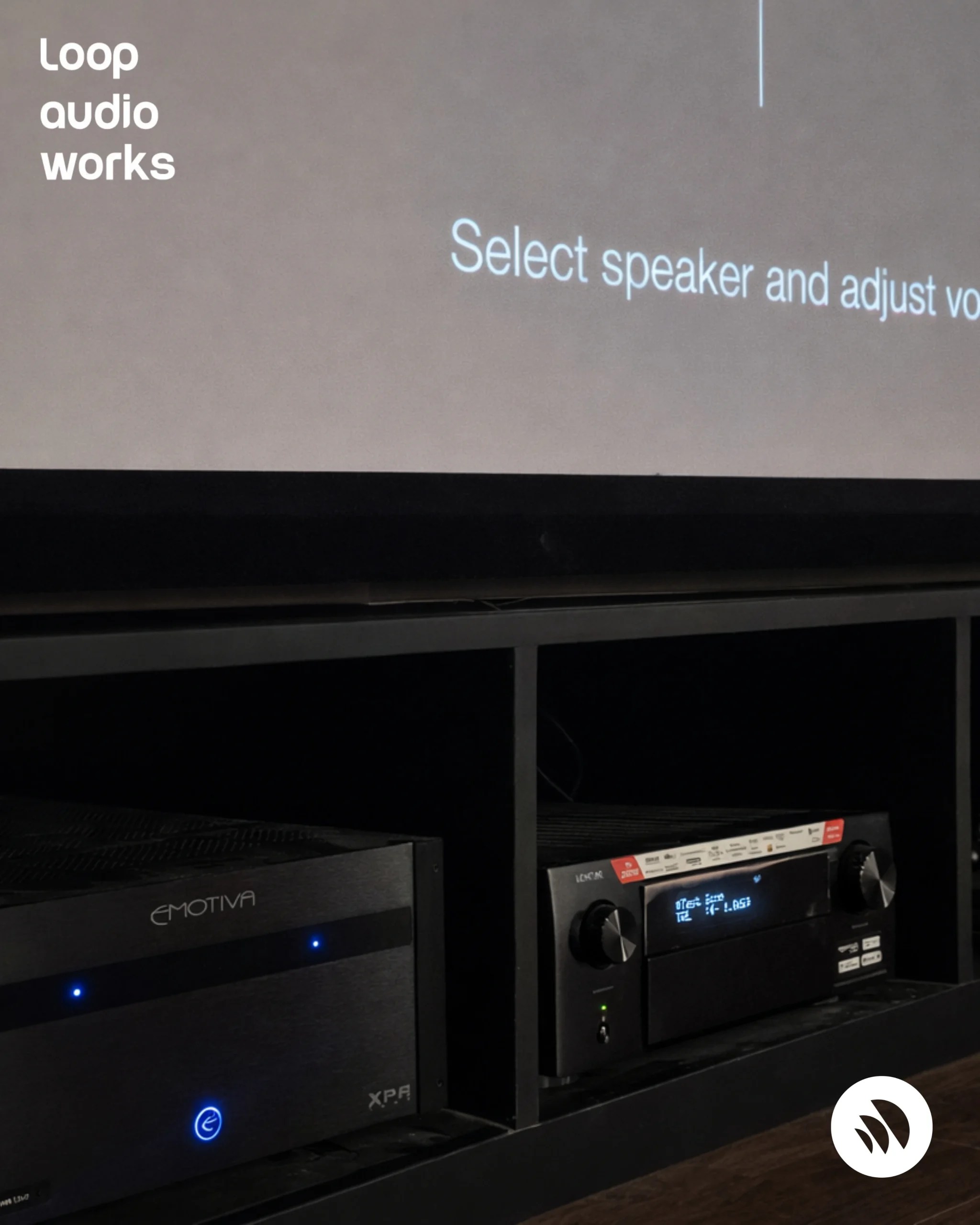 Denon Dolby Atmos AV receiver with Emotiva power amplifier for home theatre system by Loop Audio Works