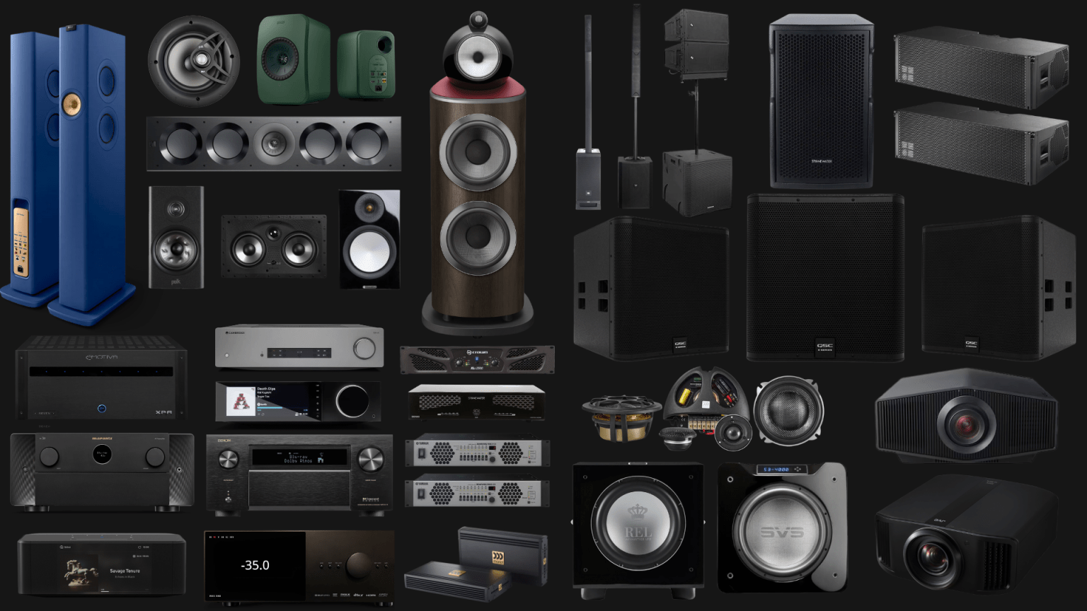 Premium high fidelity speakers, amplifiers, DSP processors and subwoofers forming a complete custom audio system setup.