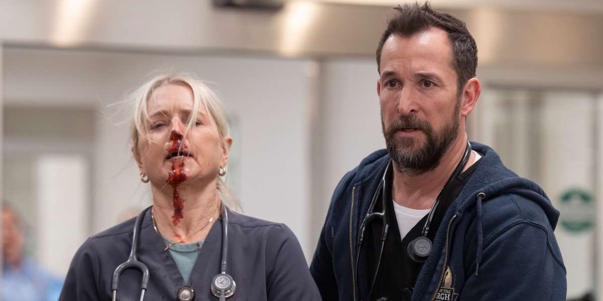 A bloodied Katherine LaNasa as nurse Dana Evans and Noah Wyle as Dr. Robby in ‘The Pitt’