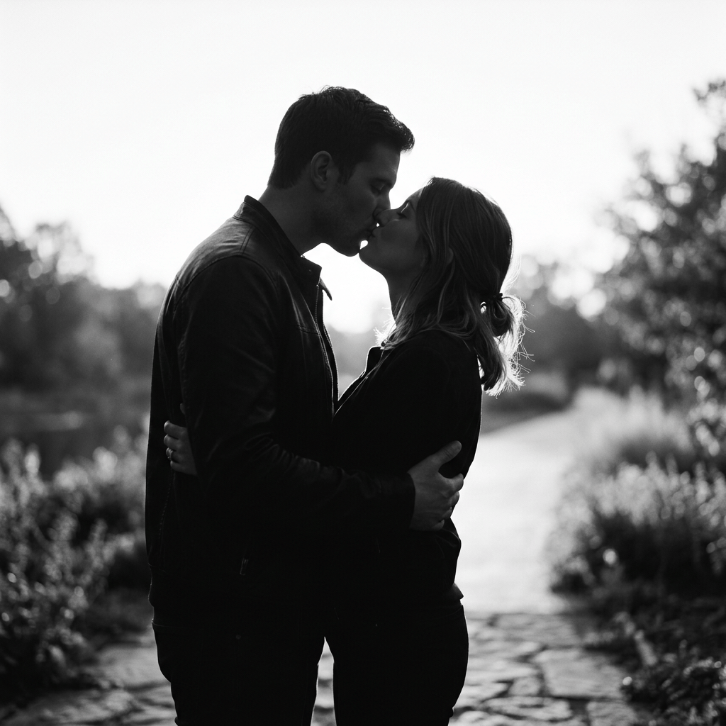 Couple embracing and kissing outdoors on a garden path