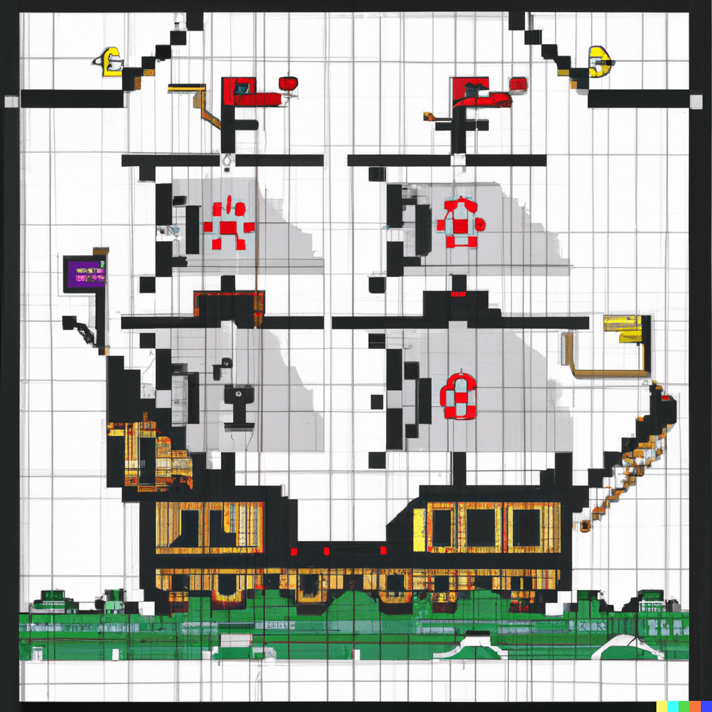 An AI's attempts at creating a cross stitch pattern of a pirate ship without any learning (Created using A series of pixel pirate ships created by AI (Created using Dall-E 2 OpenAI)