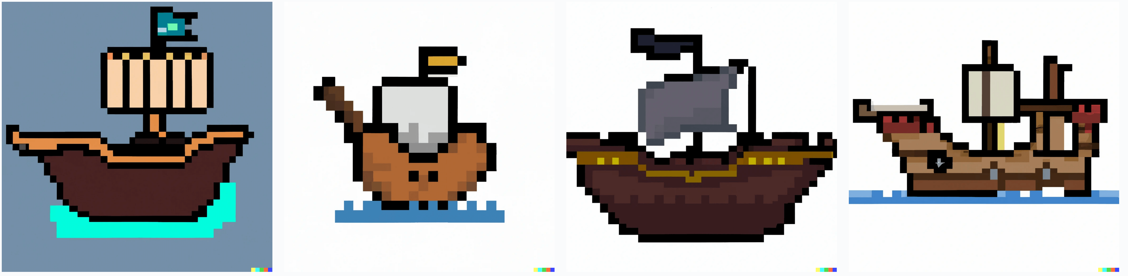 A series of pixel pirate ships created by AI (Created using Dall-E 2 OpenAI)