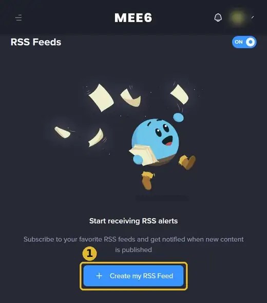 MEE6 dashboard RSS Feeds page with the Create my RSS Feed button highlighted