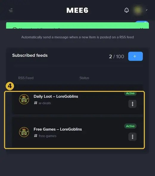 MEE6 Subscribed feeds list showing the LoreGoblins RSS feed active