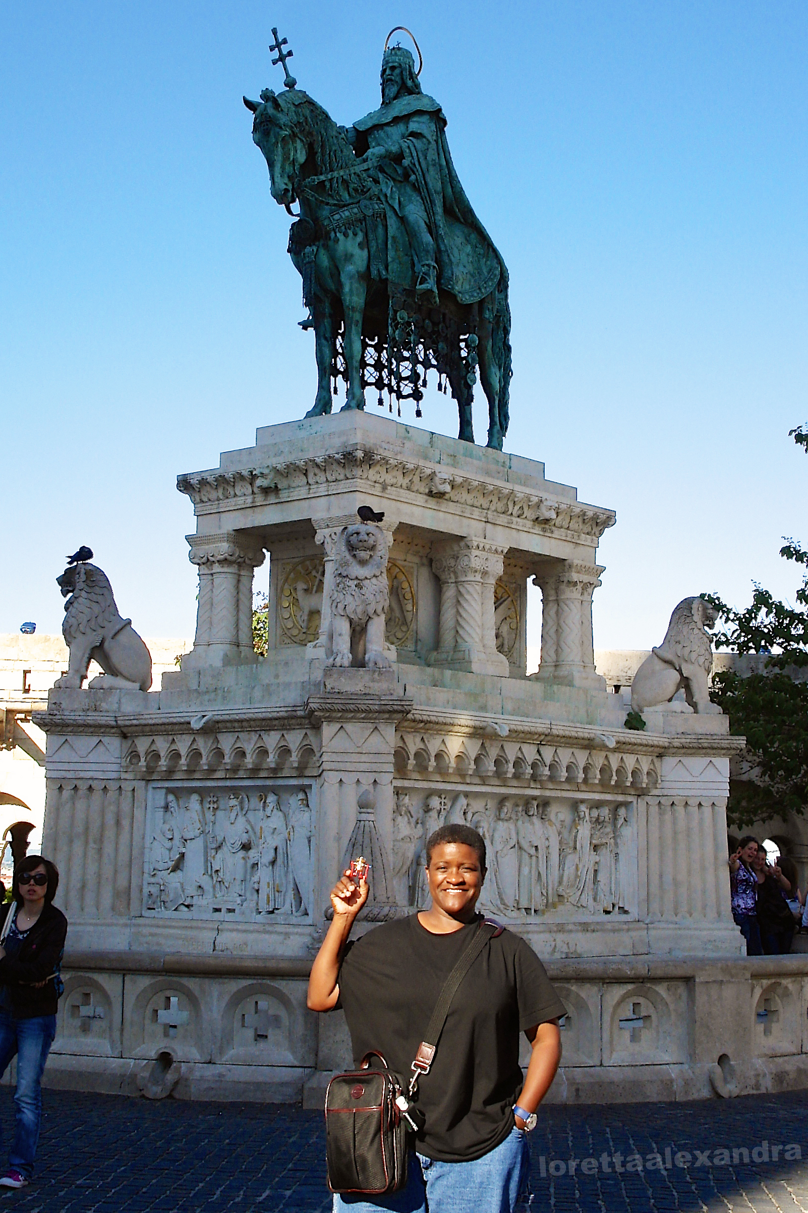Gitiim stands before the statue of her 23rd great grandfather, Saint Stephan V (Szent István) of Hungary and Croatia.