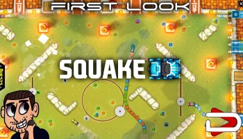 A top-down pixel art scene that kind of looks a bit like a soccer or baseball field. A worm that looks like a train is moving among the obstacles. "Squake" is written across the middle