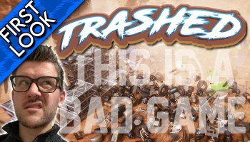 A pile of garbage with the Trashed logo at the top. A white man with glasses and short spiked hair is making a disgusted face on the left.