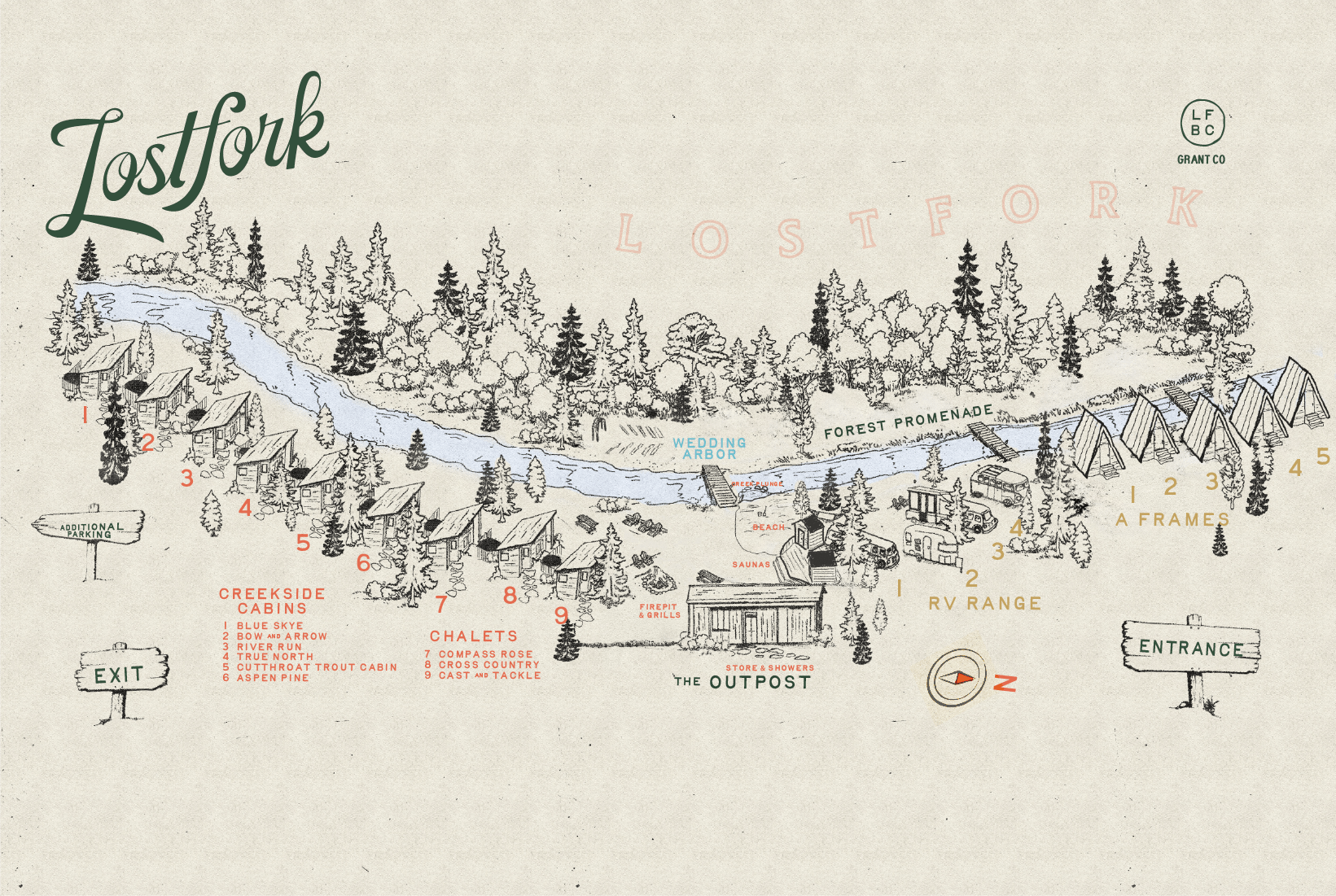 Illustrated map of Lostfork Basecamp, showing Geneva Creek, 9 Cabins, 5 A-Frames, 4 RV spots, Saunas, a Wedding venue and forest promenade.