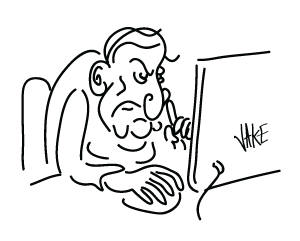 An old man with combed over hair hunched at a computer