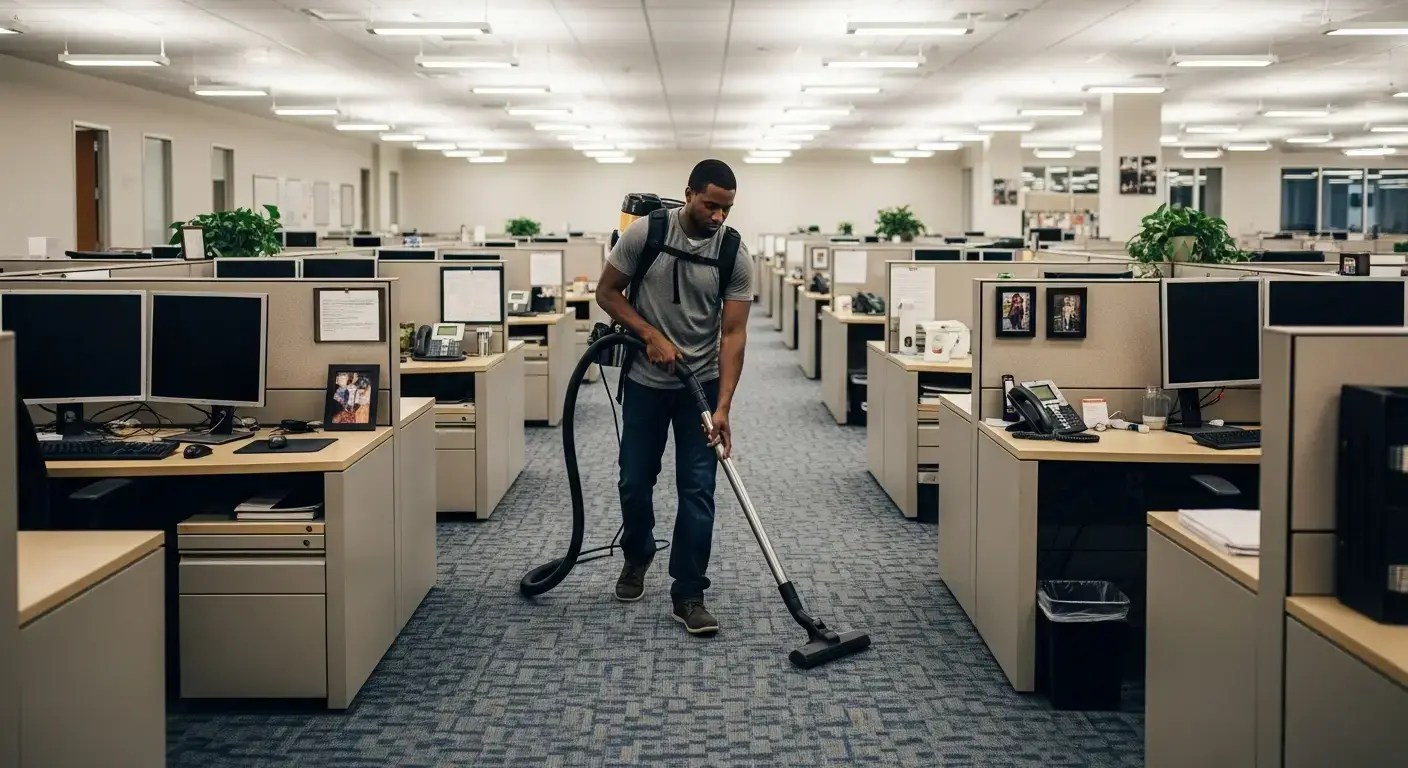 Man vacuuming carpeting in an office complex after-hours.