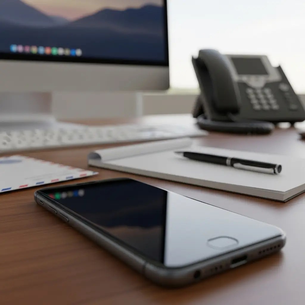 Close up of a cell phone, on a desk with a notepad, pen, letter, computer set up and phone representing all the ways to contact us.,