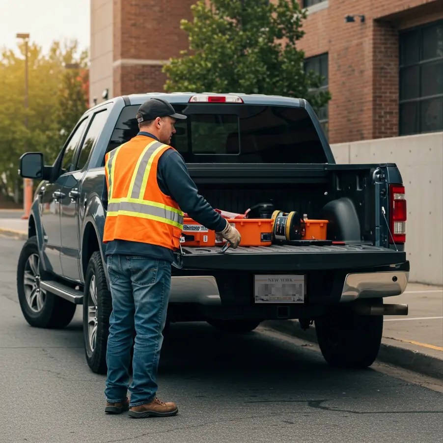 Worker outside office building unloading his truck at the beginning of his shift.