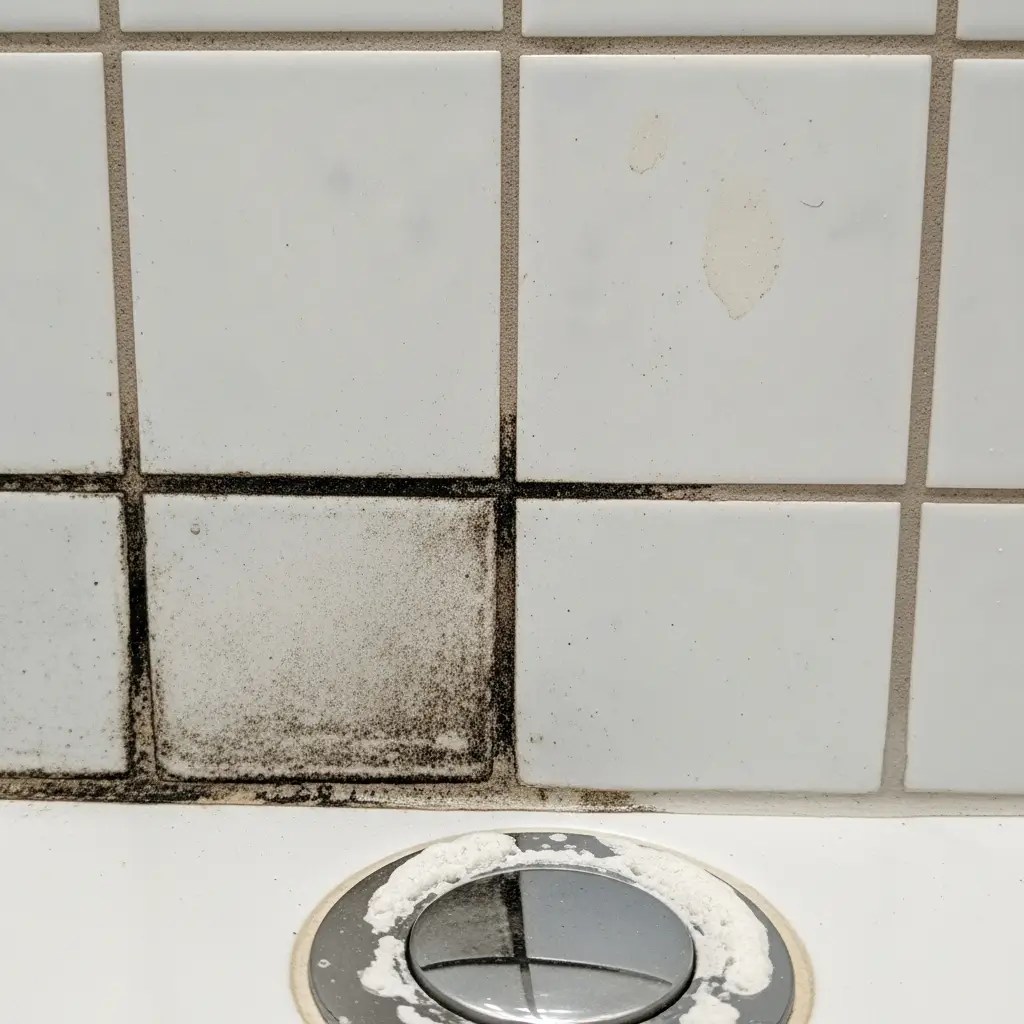 A close up of a shower drain with mold growing on the white tile and grout.