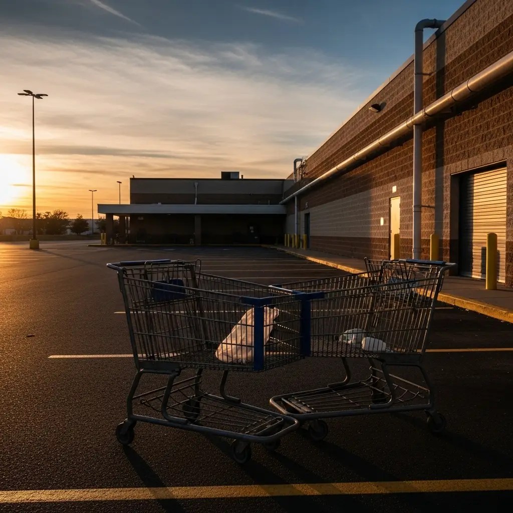 Two shopping carts abandoned and left overnight in the parking lot of a business.