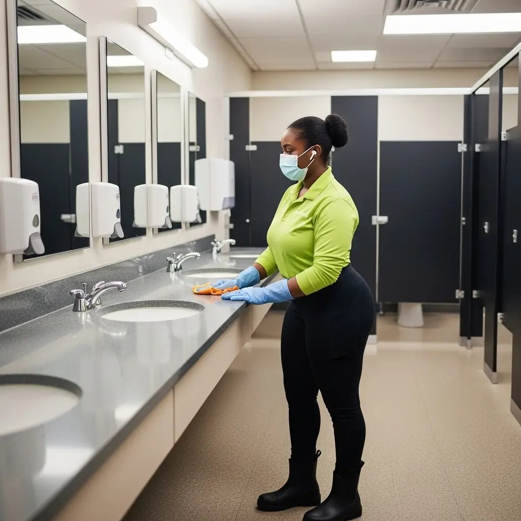 Wearing a face mask and rubber gloves, staff is wiping down the sinks in a large office bathroom with many stalls.