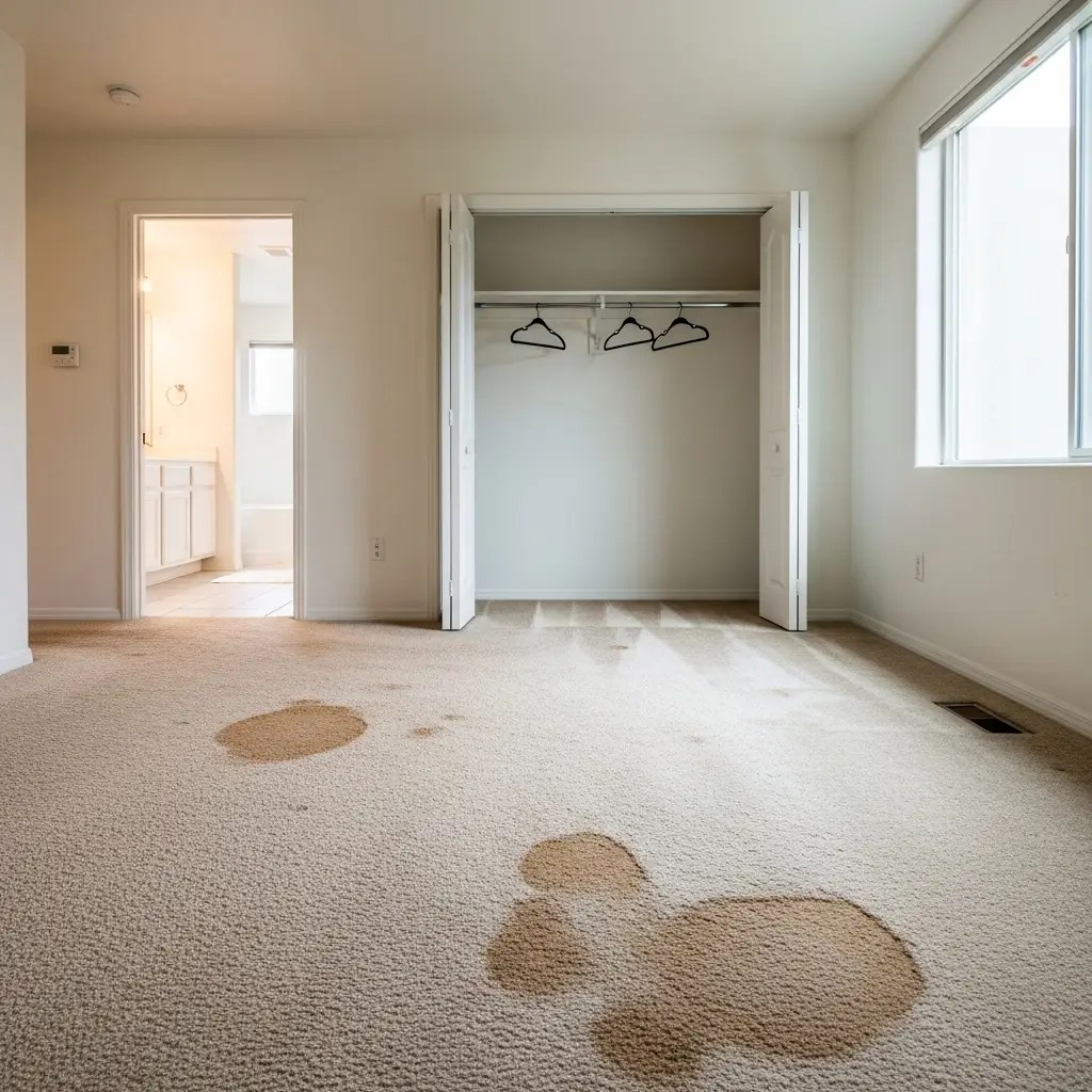 An apartment left with stained carpet in need of move-out services.