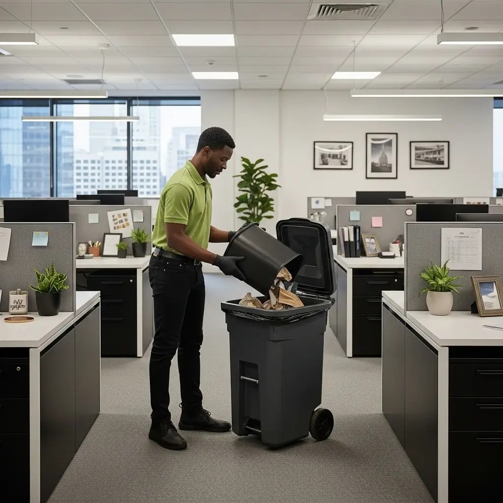 A man is emptying an office wastebasket into a large trash barrel at the end of the day.