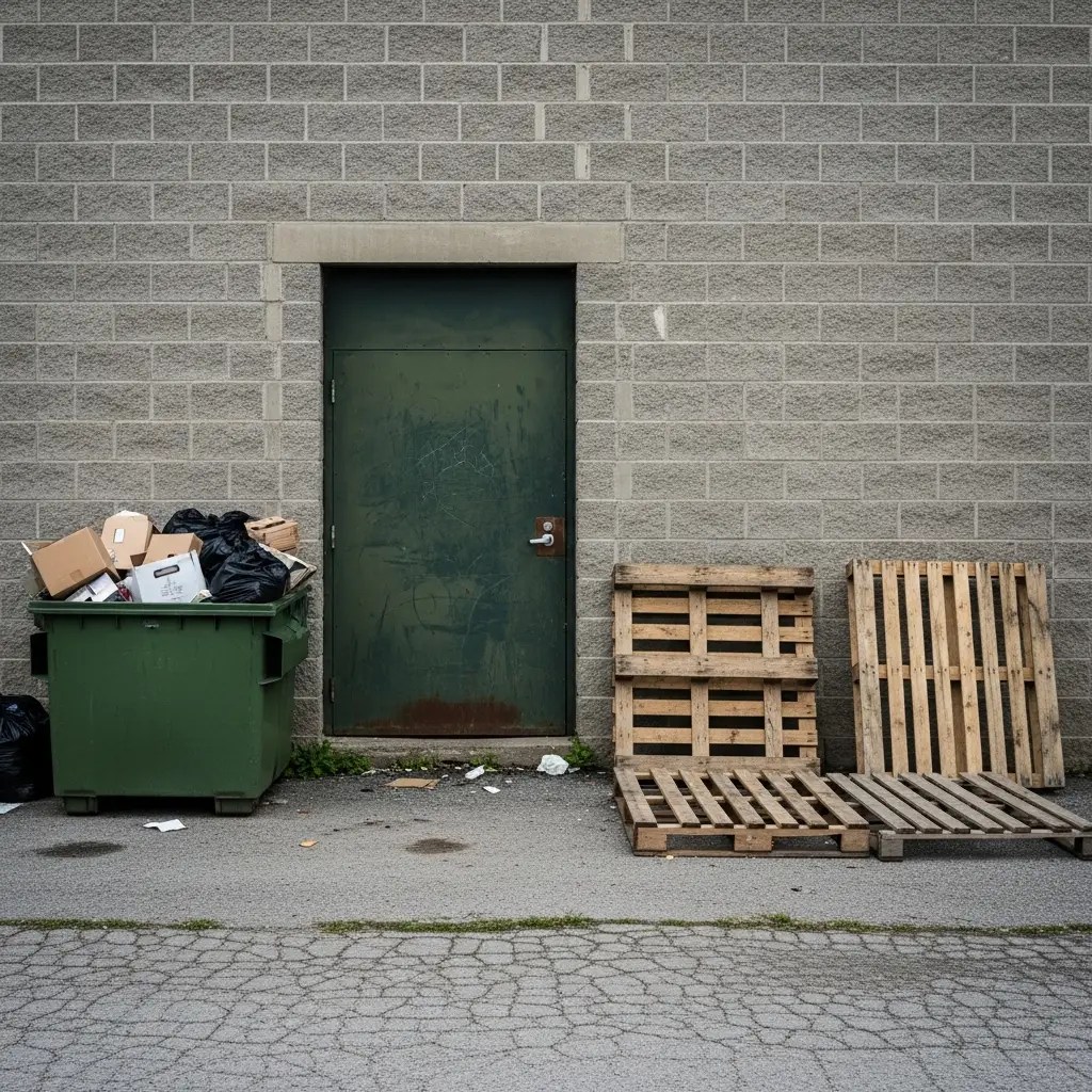 Outside the backdoor of a business at the start of the day. Pallets were left and the dumpster is almost overflowing with trash.