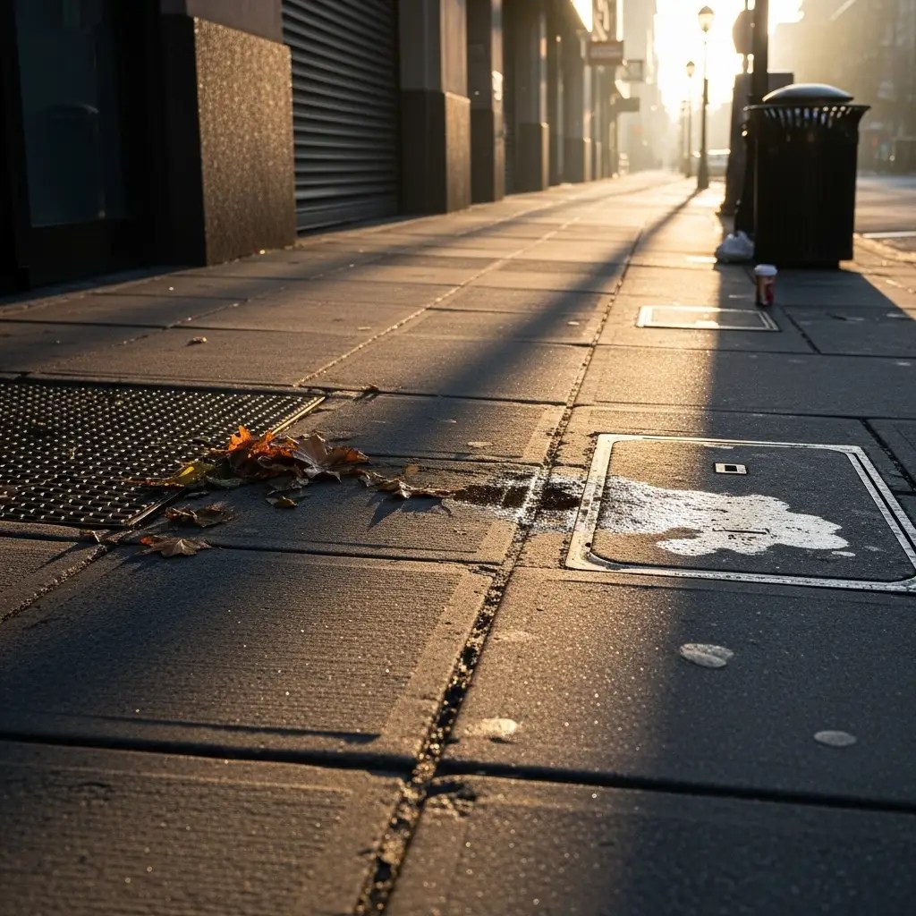 A dirty sidewalk in front of a business before it opens for the day.