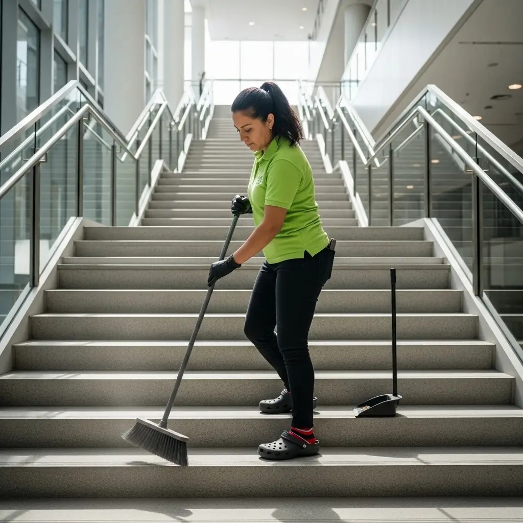 Staff is sweeping a large stairwell in a very large office building.