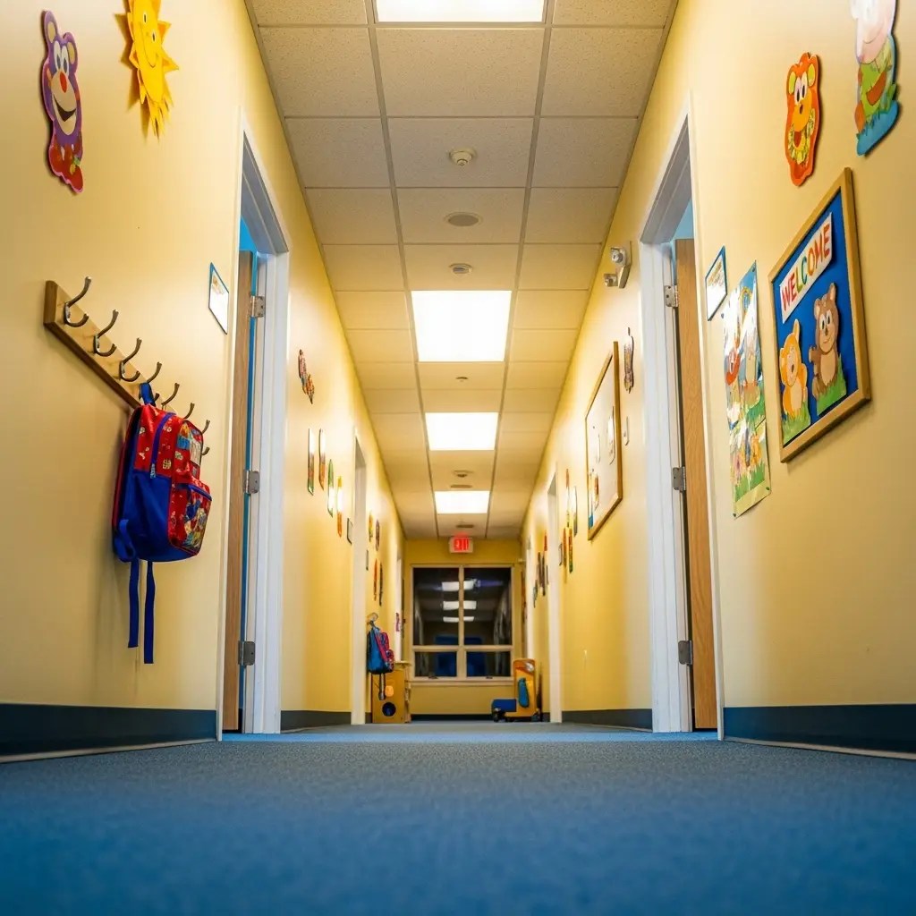 Clean hallway of a daycare center after hours and after cleaning.
