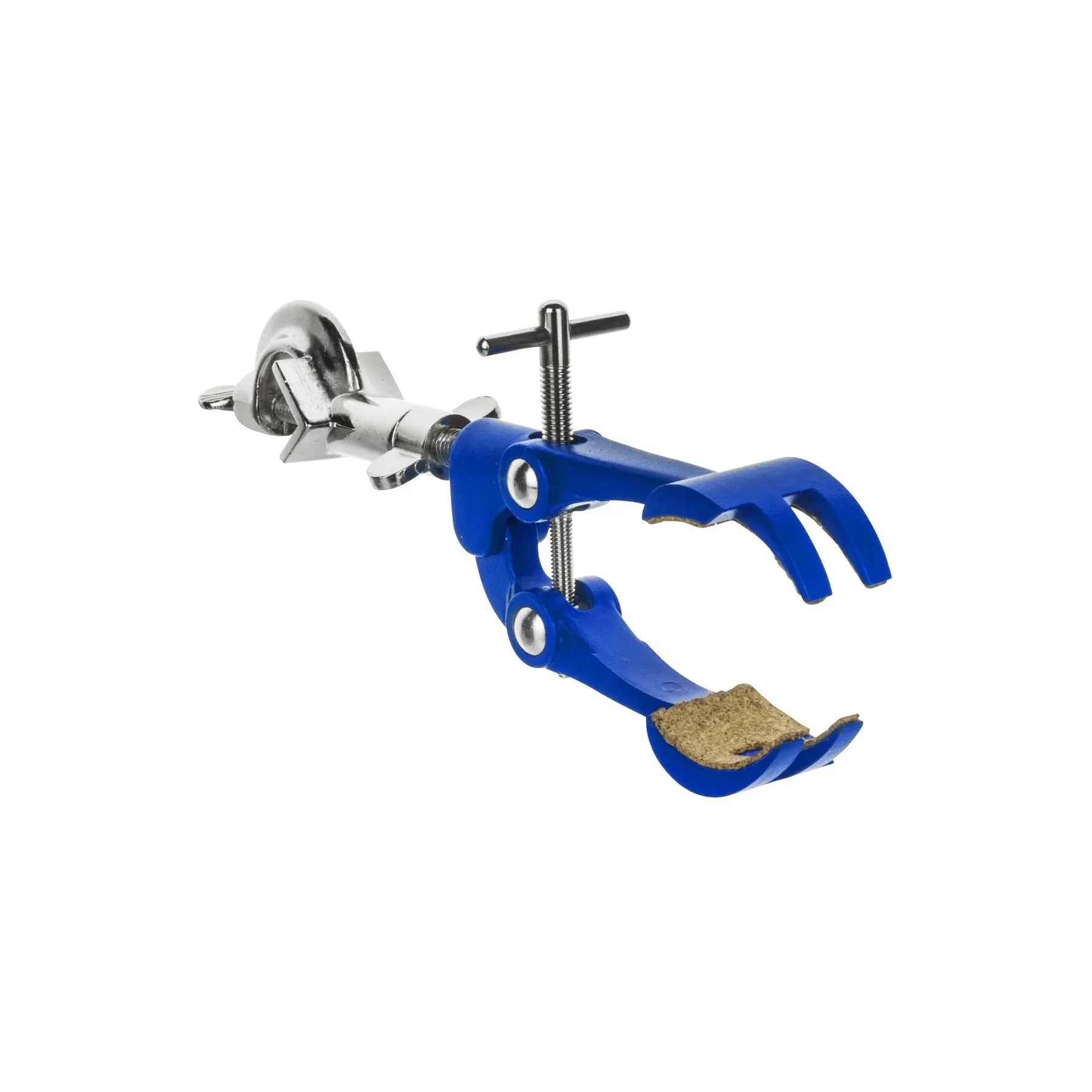 4 Prong, Cork Lined Clamp on Stainless Steel Rod - 4.1" Max Clamp Opening, 5.5" Connecting Rod - Powder Coated Aluminum Alloy Clamp - Research, Industrial Laboratory Grade -  Eisco Labs