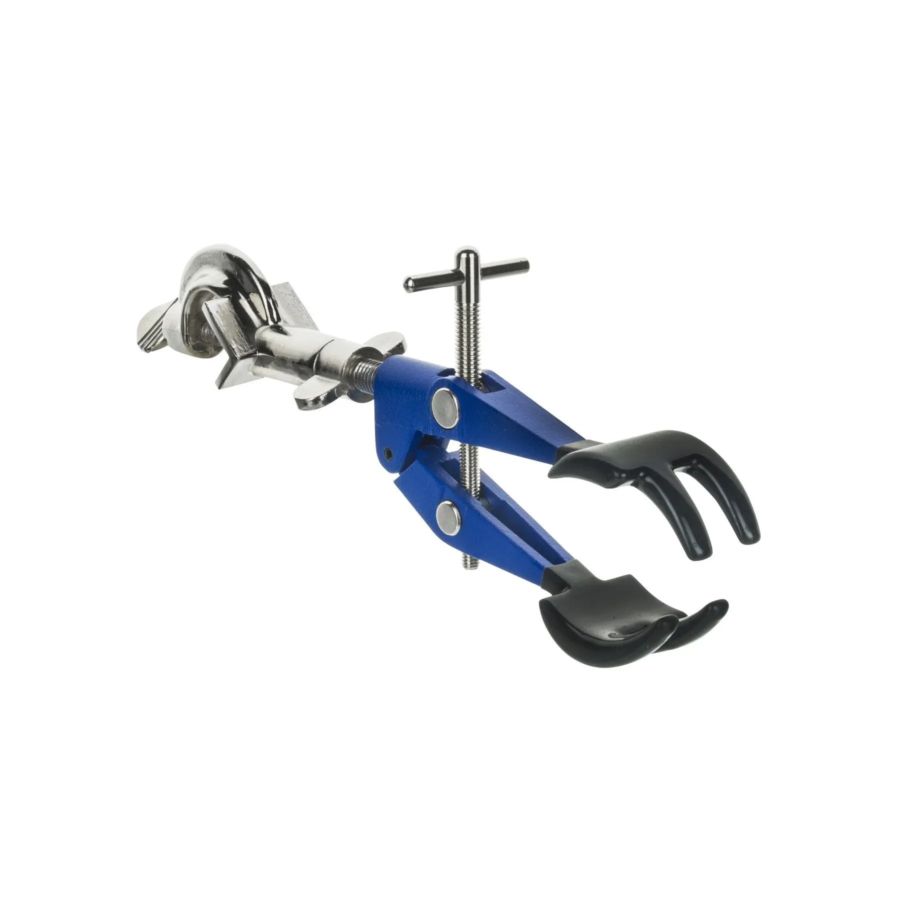 4 Prong, Vinyl Coated Clamp on Stainless Steel Rod - 4.1" Max Clamp Opening, 5.5" Connecting Rod - Powder Coated Zinc Alloy Clamp - Research, Industrial Laboratory Grade -  Eisco Labs