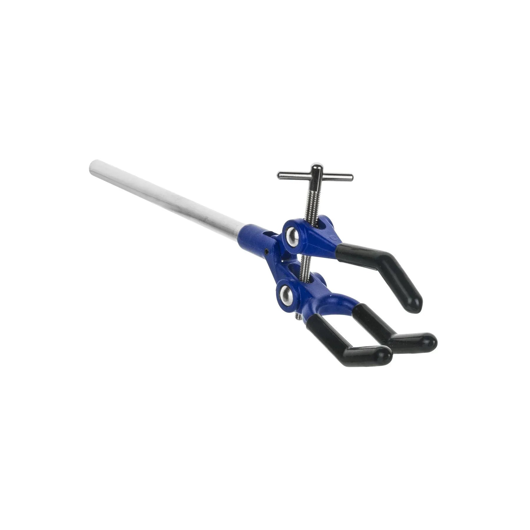 3 Finger, Vinyl Coated Extension Clamp on Swivel Bosshead - 3.4" Max Opening, , 2" Fingers - Bosshead fits up to 18mm Rod - Powder Coated Zinc Alloy - Research, Industrial Lab Grade -  Eisco Labs