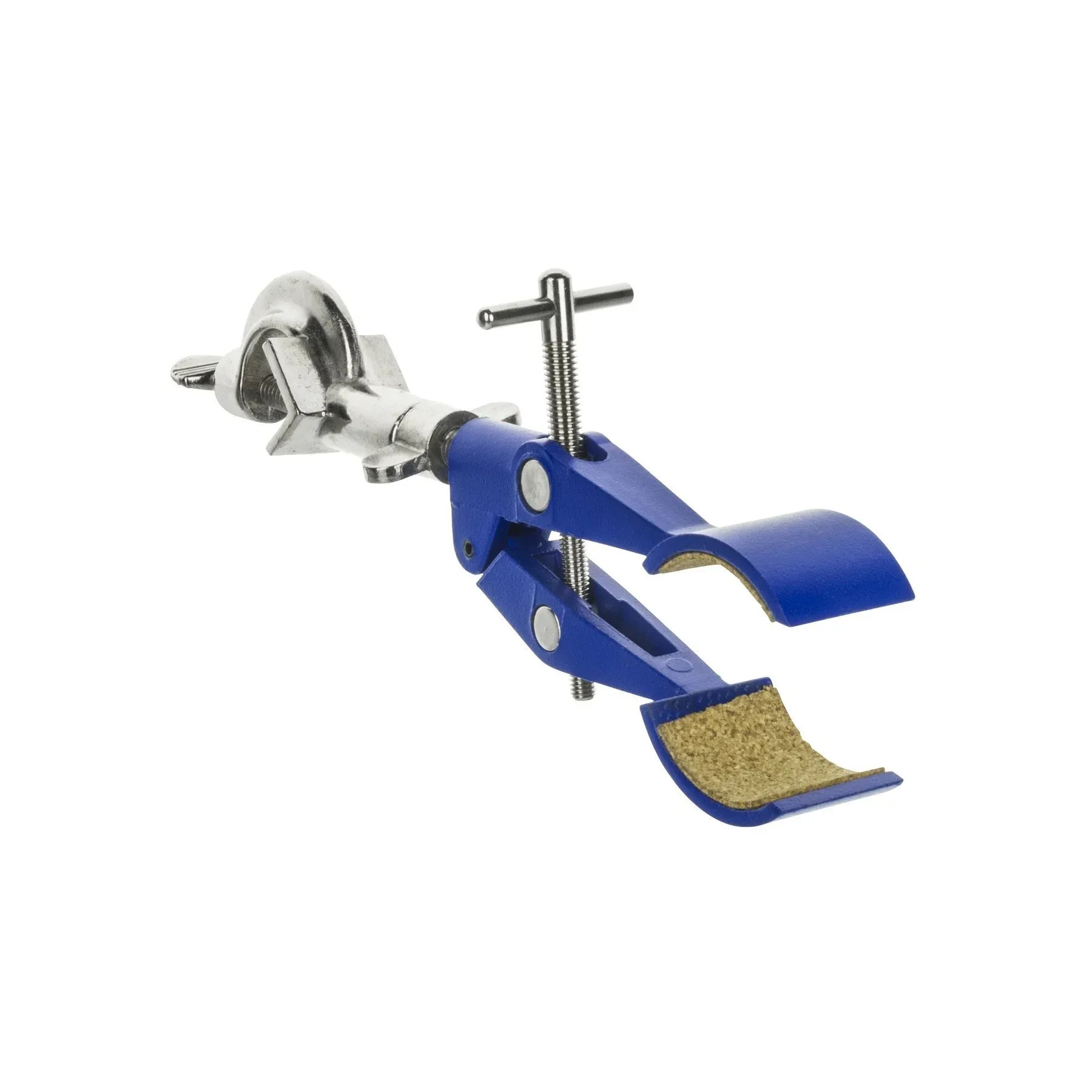 2 Prong, Cork Lined, Burette, Flask, Beaker Clamp on Stainless Steel Rod - 4.3" Max Clamp Opening, 5.5" Rod - Powder Coated Zinc Clamp - Research, Industrial Laboratory Grade -  Eisco Labs