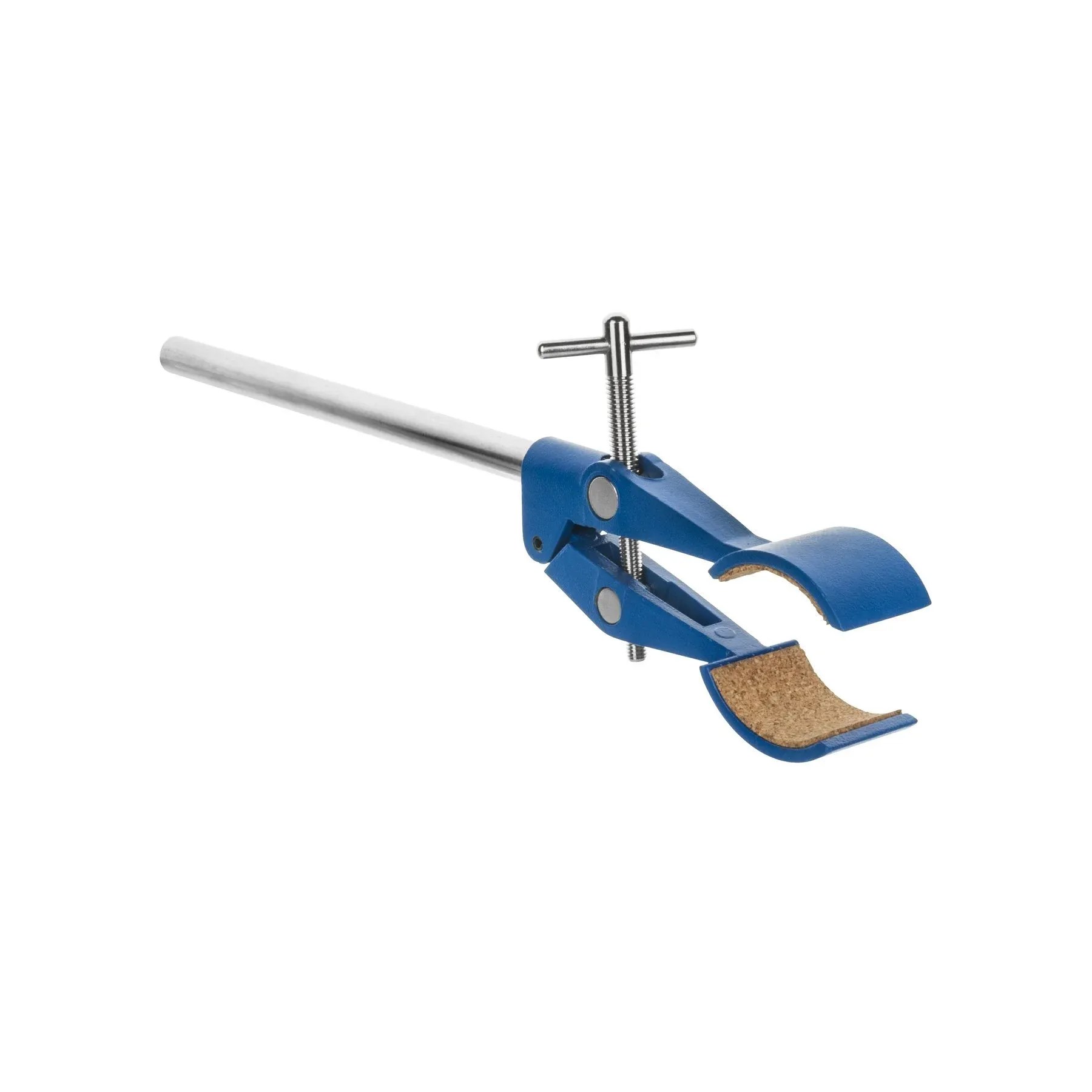 2 Prong, Cork Lined, Burette, Flask, Beaker Clamp on Swivel Bosshead - 4.3" Max Clamp Opening, Bosshead fits up to 18mm Rods - Zinc Alloy Clamp - Research, Industrial Laboratory Grade -  Eisco Labs