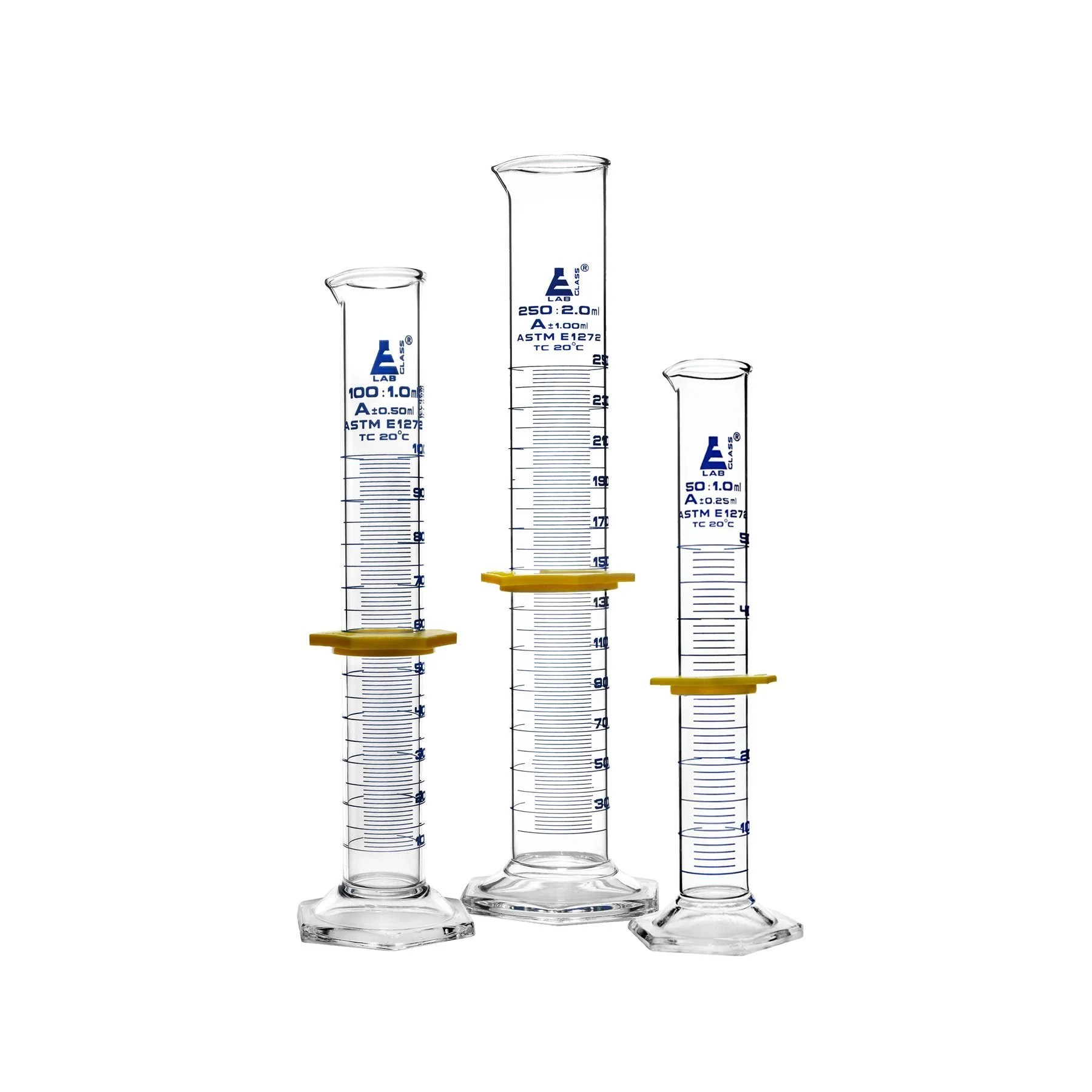 Premium Graduated Cylinder Set - 50mL, 100mL & 250mL - ASTM, Class A - Protective Collars, Hexagonal Base - Blue Graduations - Borosilicate 3.3 Glass - Eisco Labs