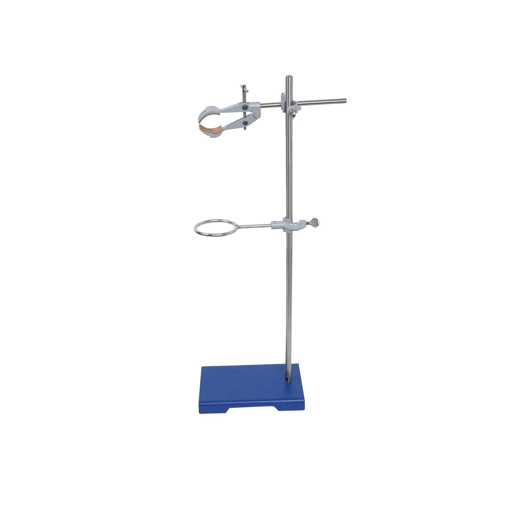 Upgraded 4 Piece Set - Rectangular Retort Stand, Rod, Clamp & Ring Set - 8"x5" Steel Base, 23.6" 2 Piece Stainless Steel Rod, 3" Steel Support Rings, 4-Pronged Cork-Lined Clamp - Eisco Labs