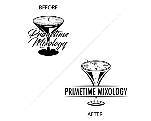 Before and after comparison of a logo redesign, showing the old logo on the left and the new modern logo on the right.
