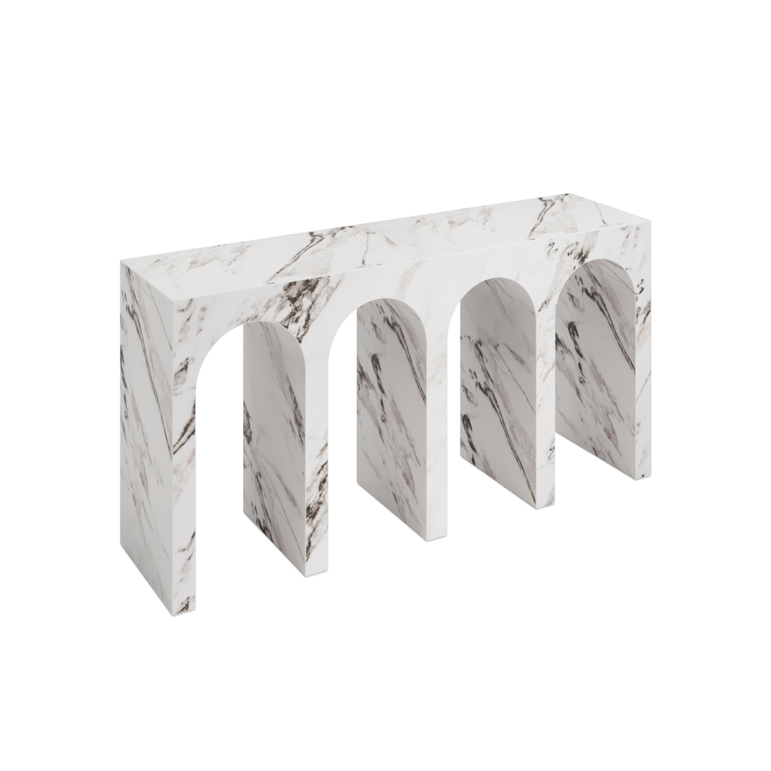 ARCHIE Calacatta Console Table featuring a matt marble-look finish, rectangular top and sculptural architectural arched supports.