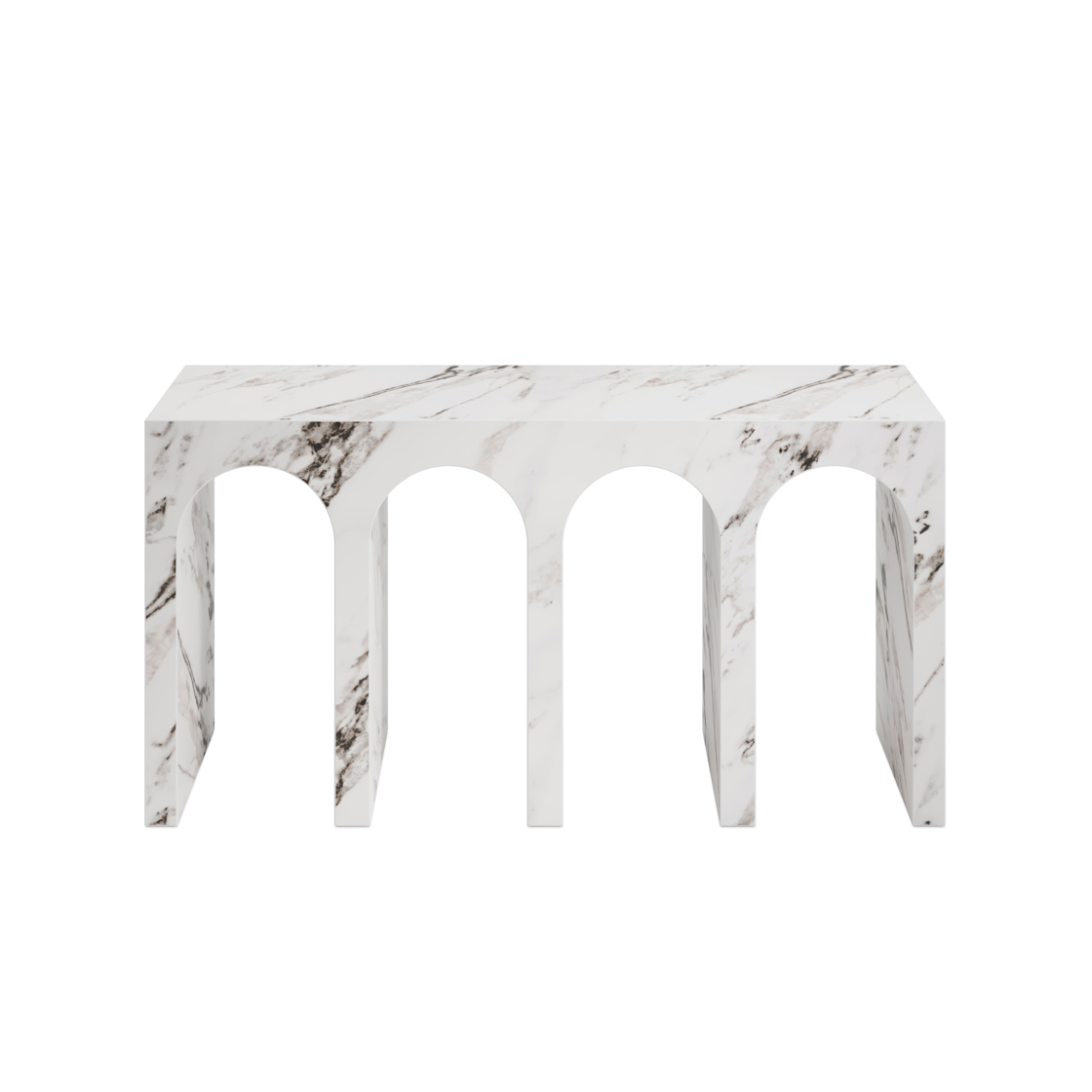 ARCHIE Calacatta Console Table featuring a matt marble-look finish, rectangular top and sculptural architectural arched supports.
