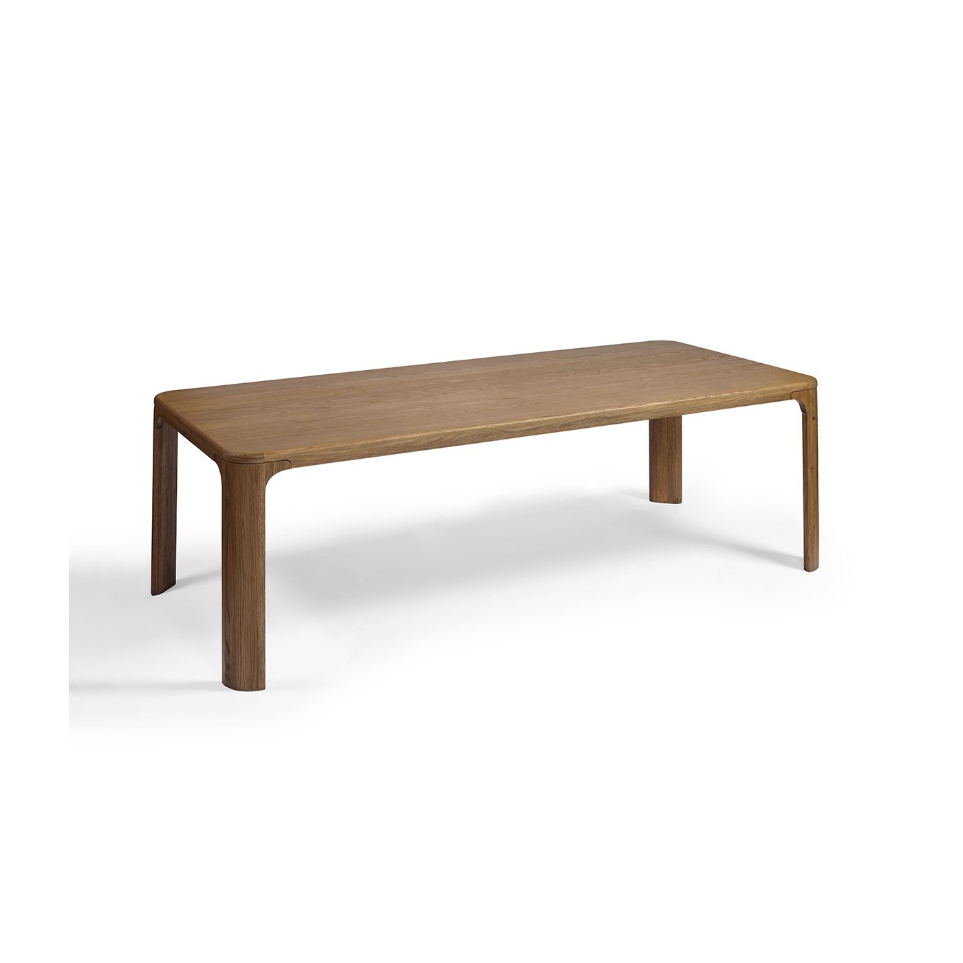 ARLO Solid Oak Dining Table featuring a natural oak finish, visible timber grain, substantial wooden legs and softly rounded rectangular corners.