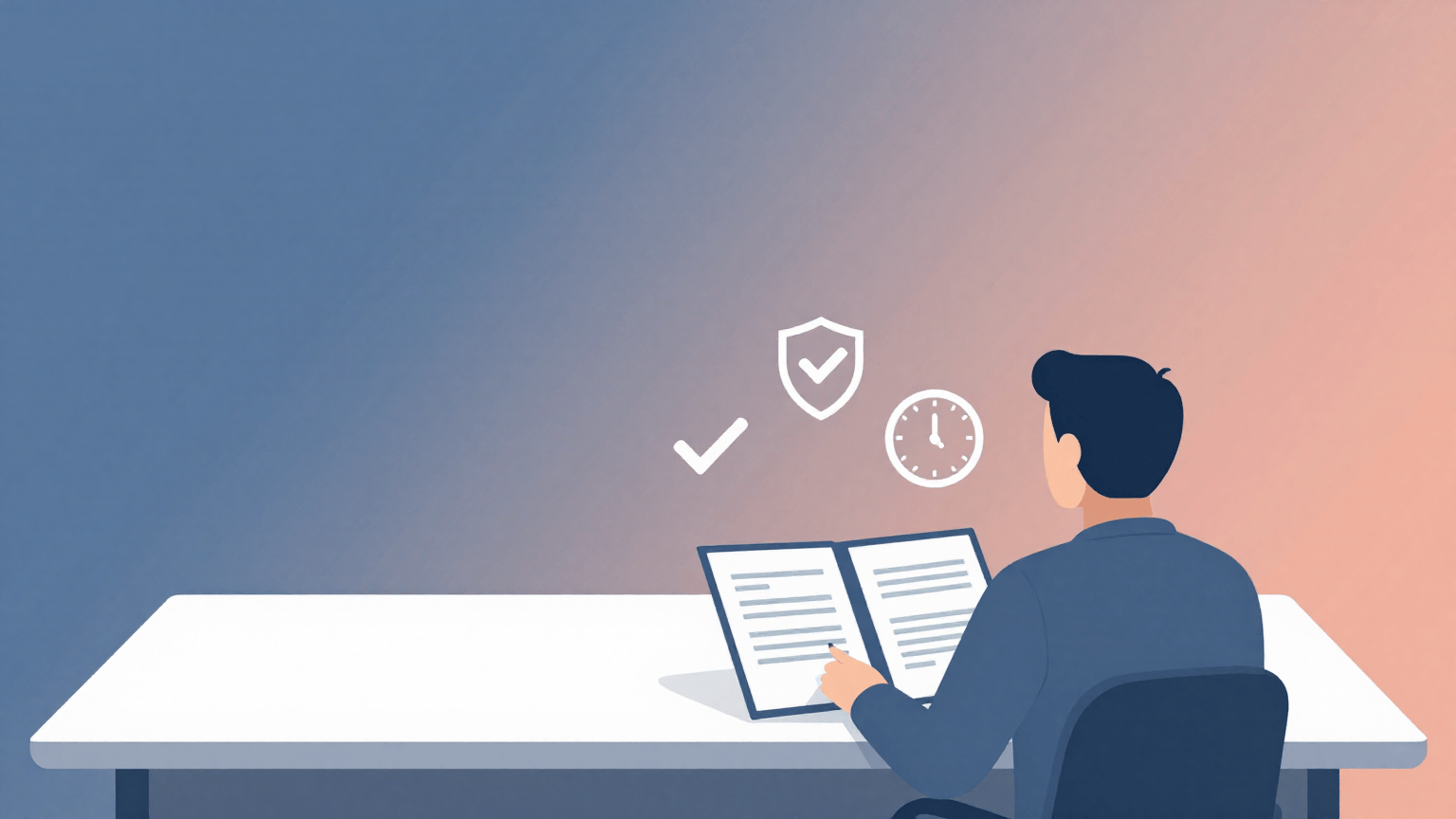 Flat illustration of a business owner seen from behind at a conference table comparing two IT proposals, with checkmark, shield, and clock icons above
