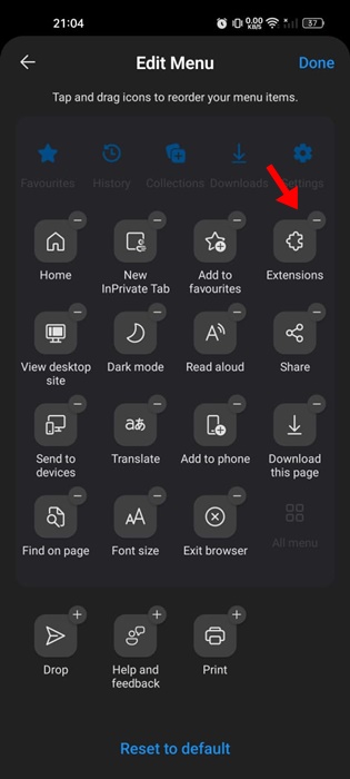 How to Install Extensions in Microsoft Edge for Android 62 drag it to the above section