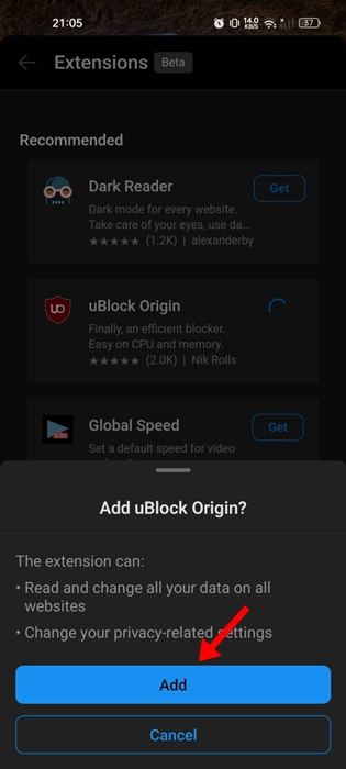 How to Install Extensions in Microsoft Edge for Android 68 Add (extension name)