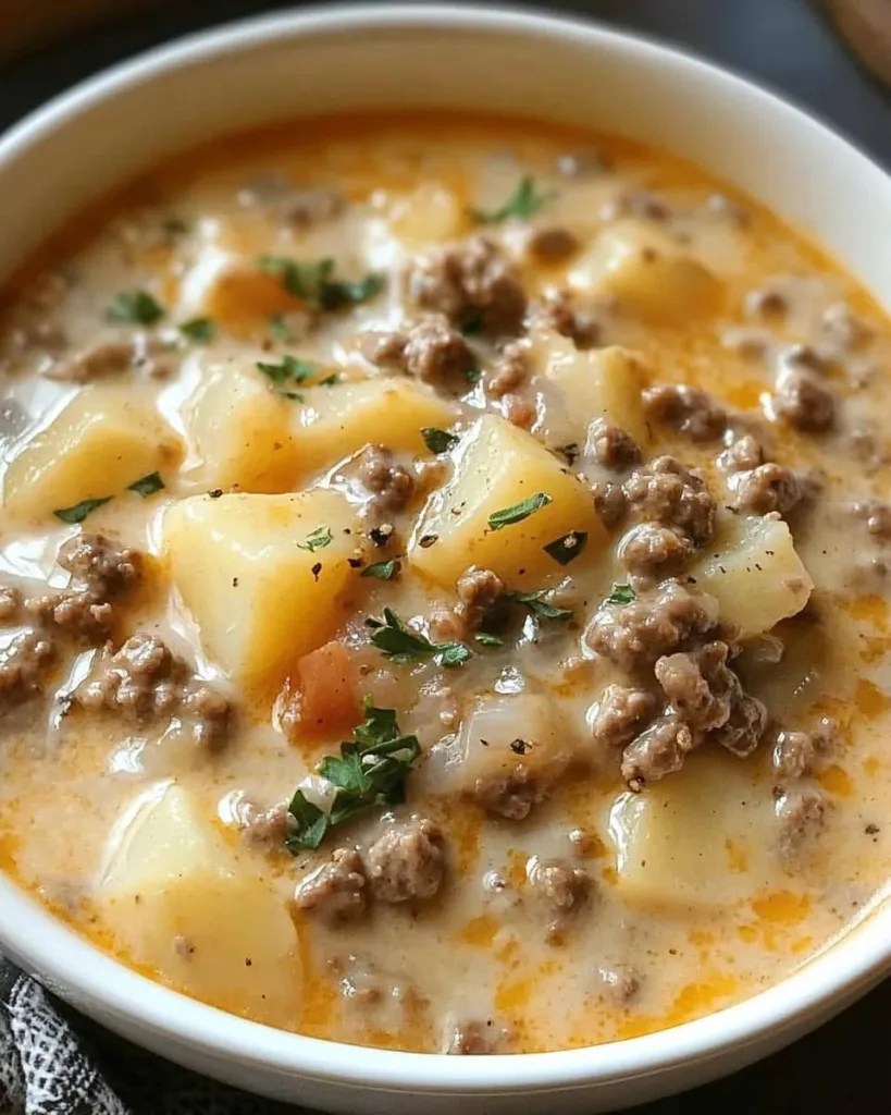 Creamy potato and hamburger soup made in a crockpot