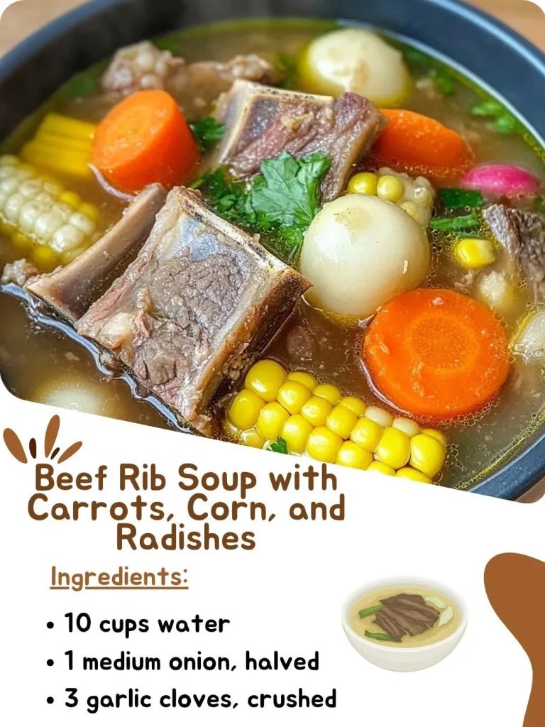 Beef Rib Soup with Carrots, Corn, and Radishes